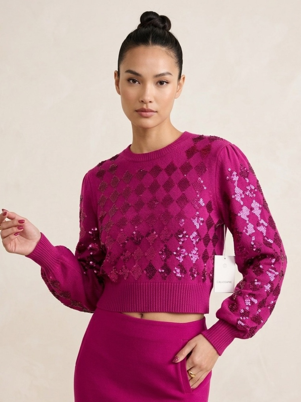 Cropped Sequin Argyle Sweater in Fuchsia
